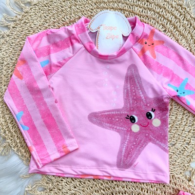 Linha Praia 3 Peças - Blusa Manga Longa Estrela do Mar, Short e Calcinha com Proteção UV50+ - Rosa